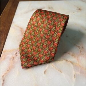 Hermes 100% Silk Vibrant Orange and Yellow Pineapple/Fruit Patterned Tie
